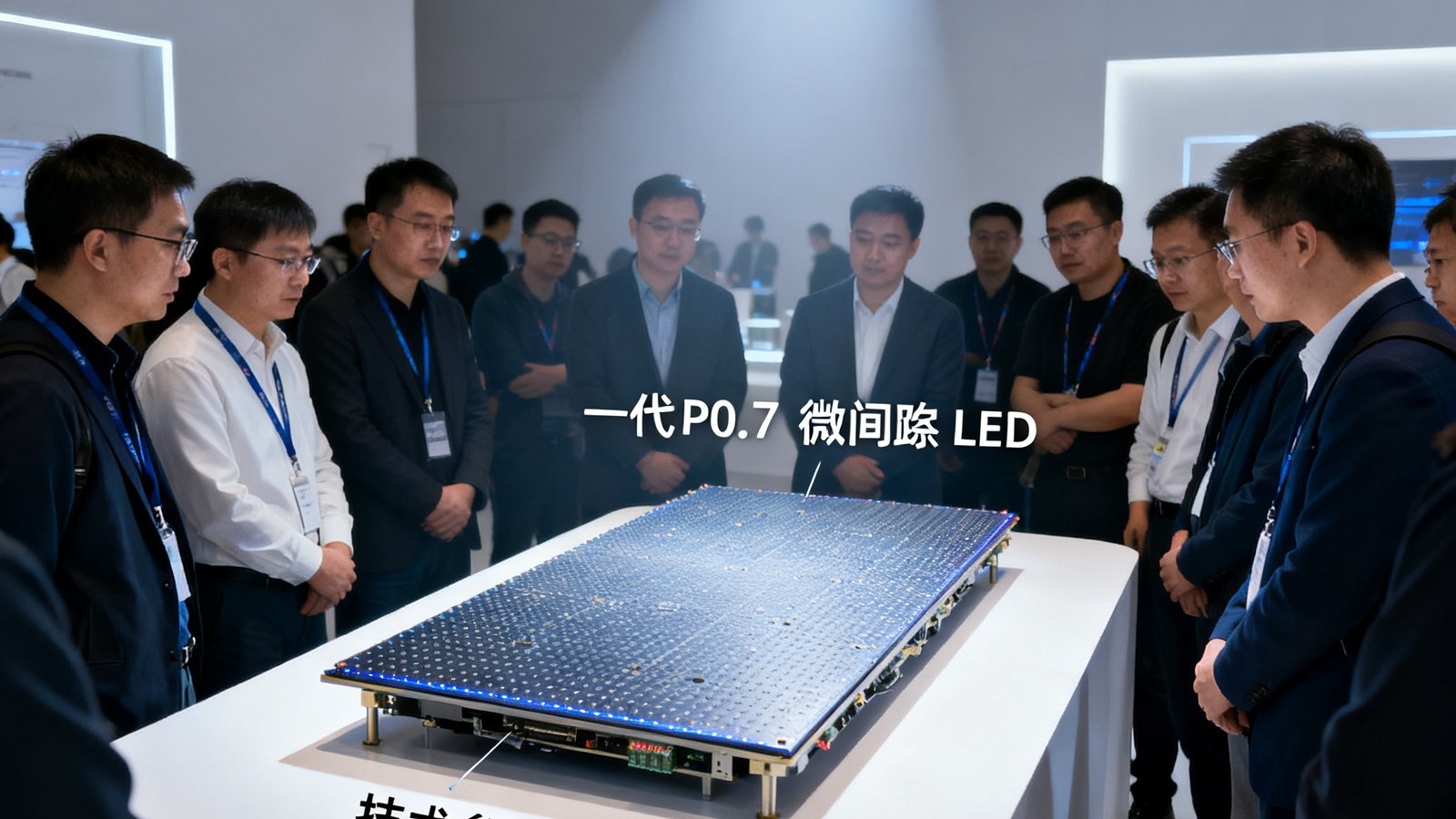 AGGAME产品发布会上，一块新一代P0.7微间距LED模组被放置在展台上，旁边标注着技术参数，观众围在周围仔细观摩