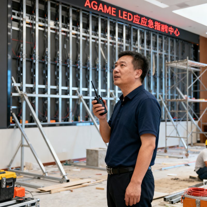 AGGAME工程副总张瑞峰站在一个正在施工的应急指挥中心现场，背景是正在安装的LED屏幕支架，他手持对讲机正在协调施工进度